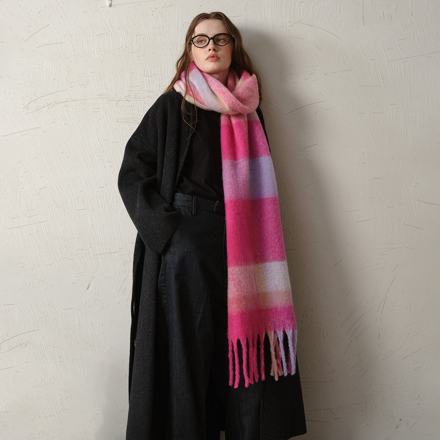 Warm Oversized Plaid Scarf with Fringes for Women