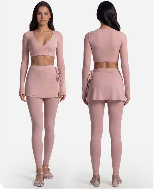 Long Sleeve Cross-Back Workout Skirt Set Women Ballet Style Yoga Outfit