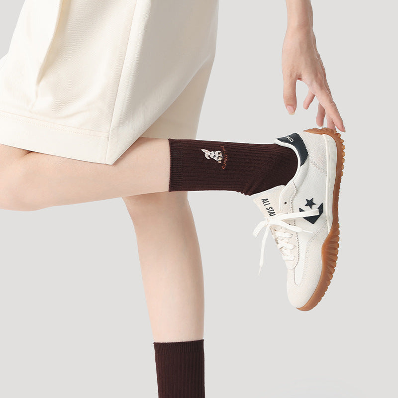 Mid Calf Panda Embroidered Combed Cotton Socks