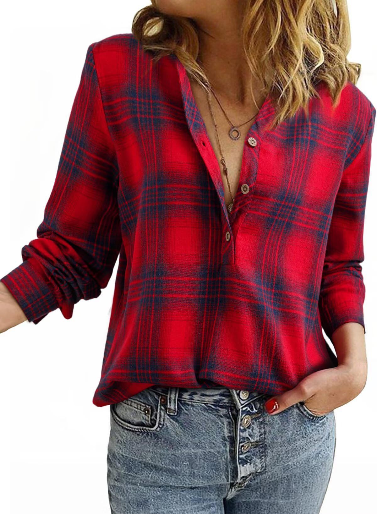 V-Neck Plaid Shirt Trendy Casual Polyester Top