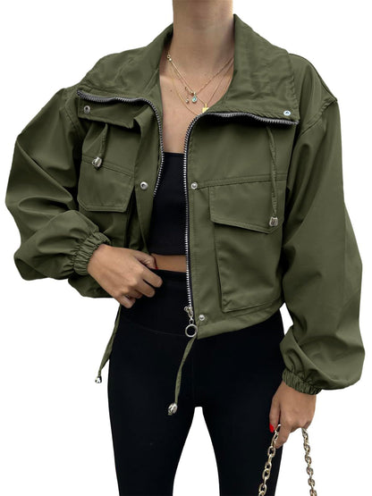 Women’s Solid Color Short Jacket with Zipper