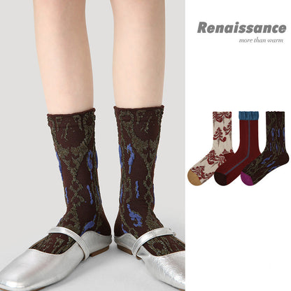Vintage Floral Colorblock Mid Calf Combed Cotton Socks