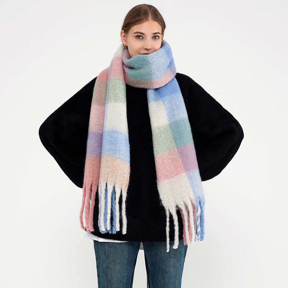 Plaid Fringed Scarf Warm Long Wrap for Women