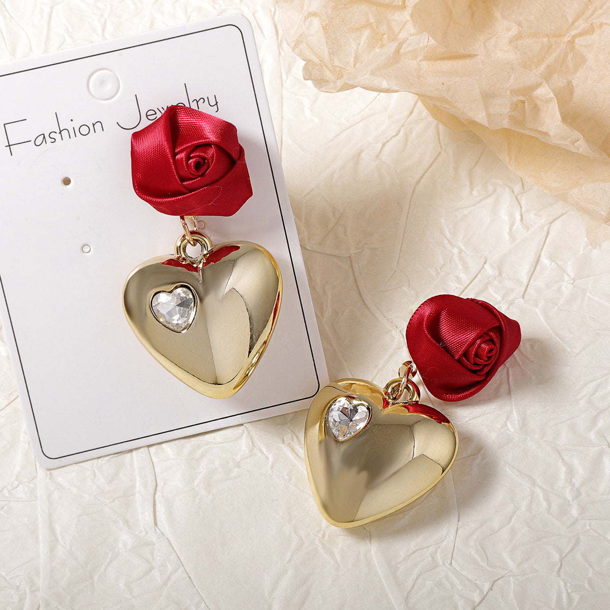 CCB Sculpted Rose Heart Drop Earrings Romantic Chic