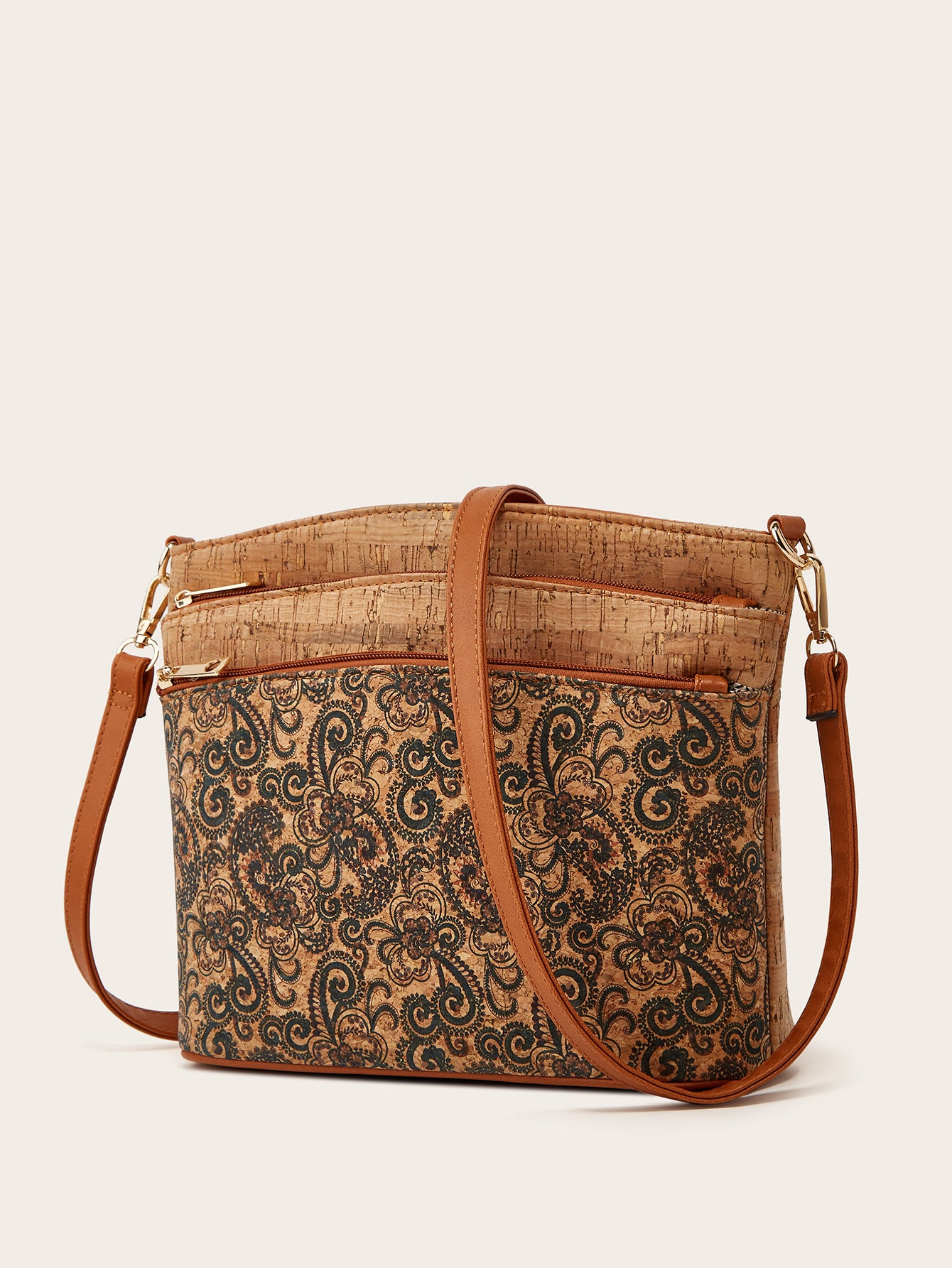 Vintage Cork Shoulder Bag Floral Design Olive Green