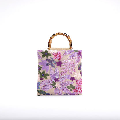 New Embroidered Sequin Bamboo Handle Evening Bag