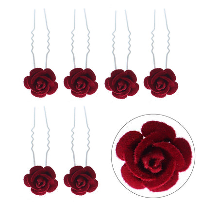 Red Rose U-Shaped Hairpin Set for Traditional Chinese Dress