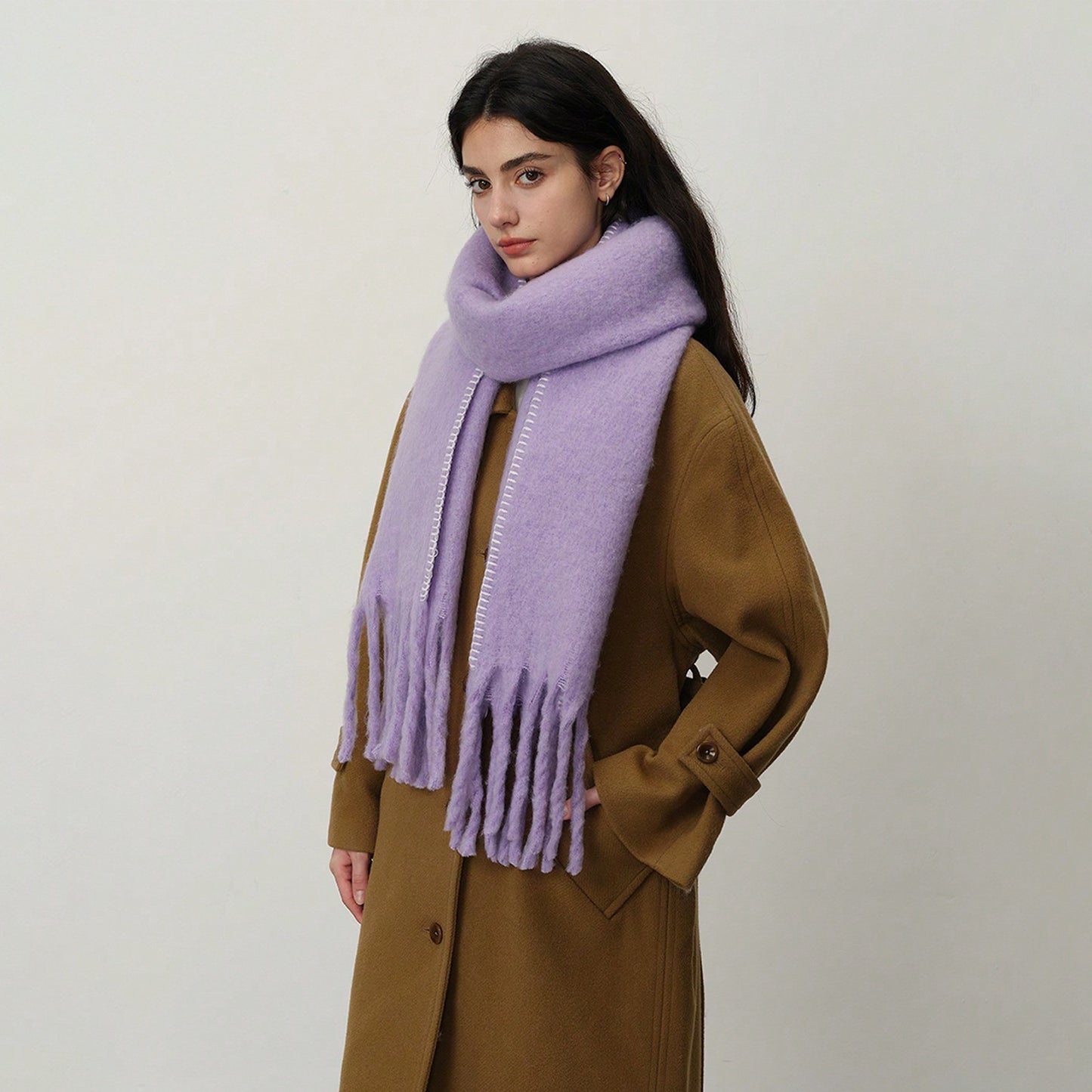 Solid Color Fringed Scarf Stylish Warm Winter Wrap