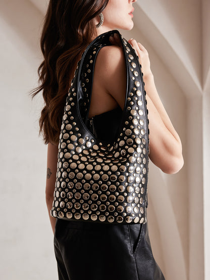Punk Style Studded Bucket Bag With Soft PU Leather