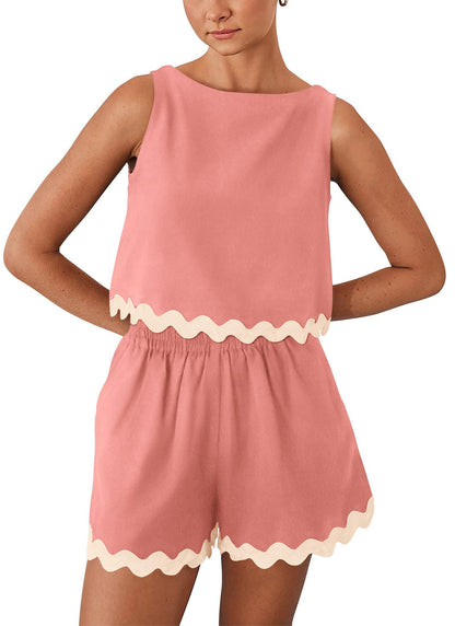 Summer Two-Piece Lace-Trimmed Tank Top and Shorts Set
