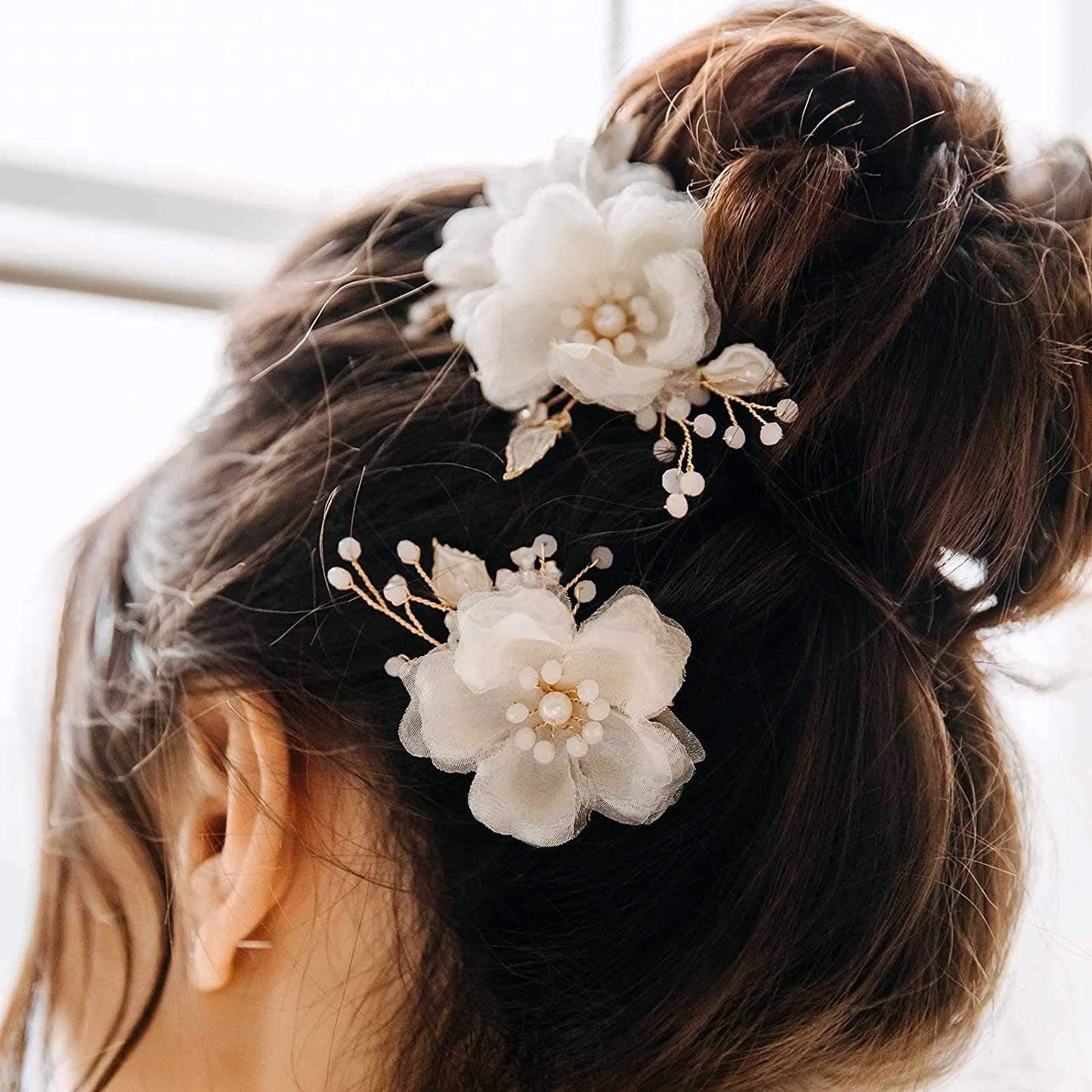 Beige Organza Flower Leaf Alloy Hair Clips Set Bridal Wedding Hair Accessories