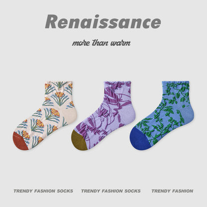 Socks Embossed Floral Combed Cotton Seamless Toe Casual