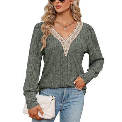 V-Neck Lace Trim Loose Fit Corduroy T-Shirt