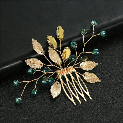 Green Crystal Gold Leaf Wedding Hair Comb
