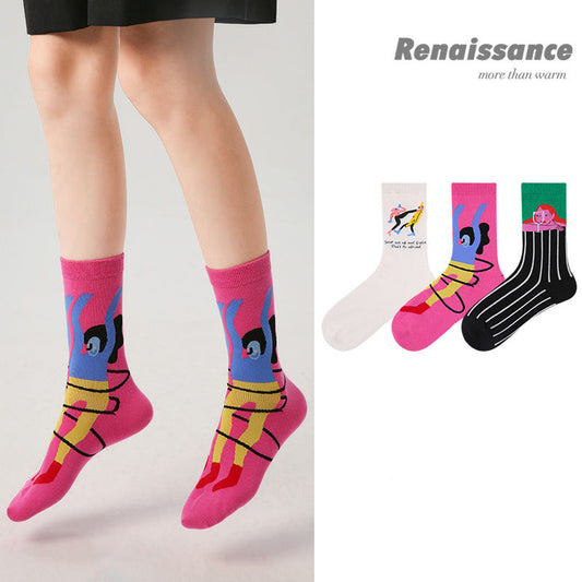 Art Illustration Combed Cotton Mid Calf Socks