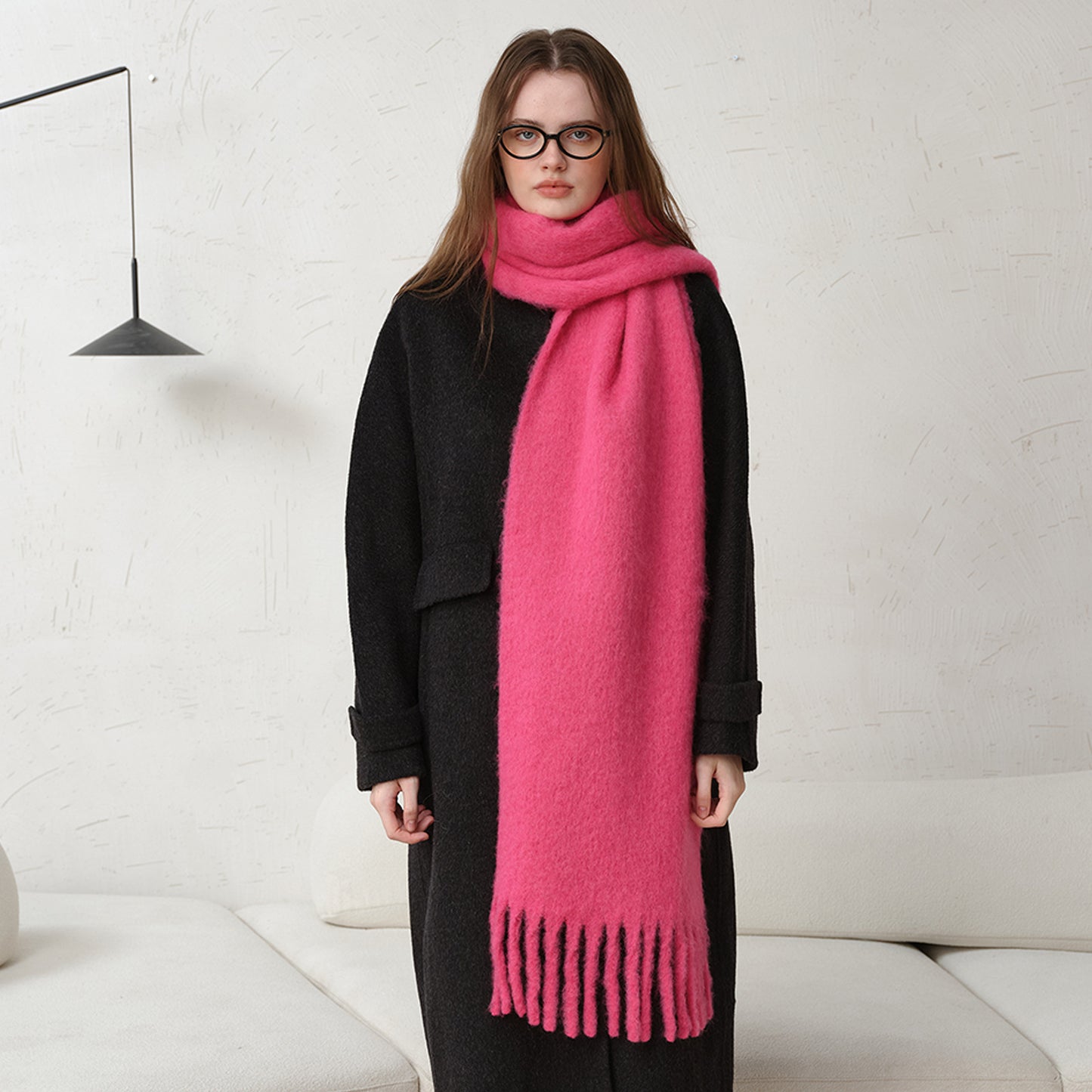 Classic Wool Blend Solid Color Fringed Scarf for Women
