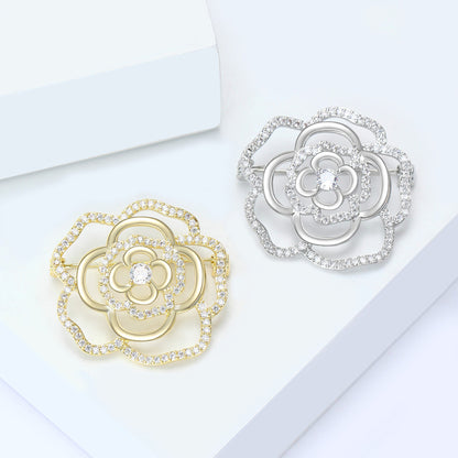 Luxury Camellia Flower Brooch with Zirconia Accents