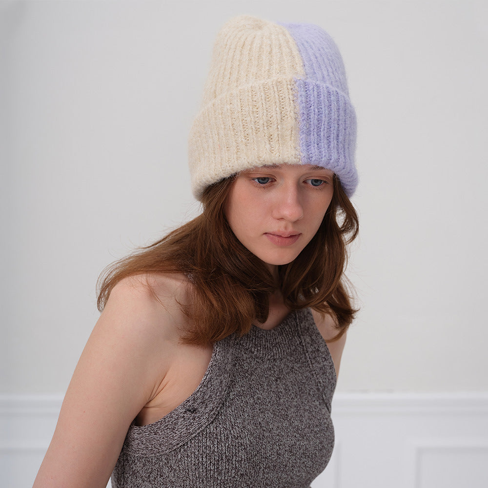 Trendy Color Block Knitted Beanie Soft Plush Warm Hat