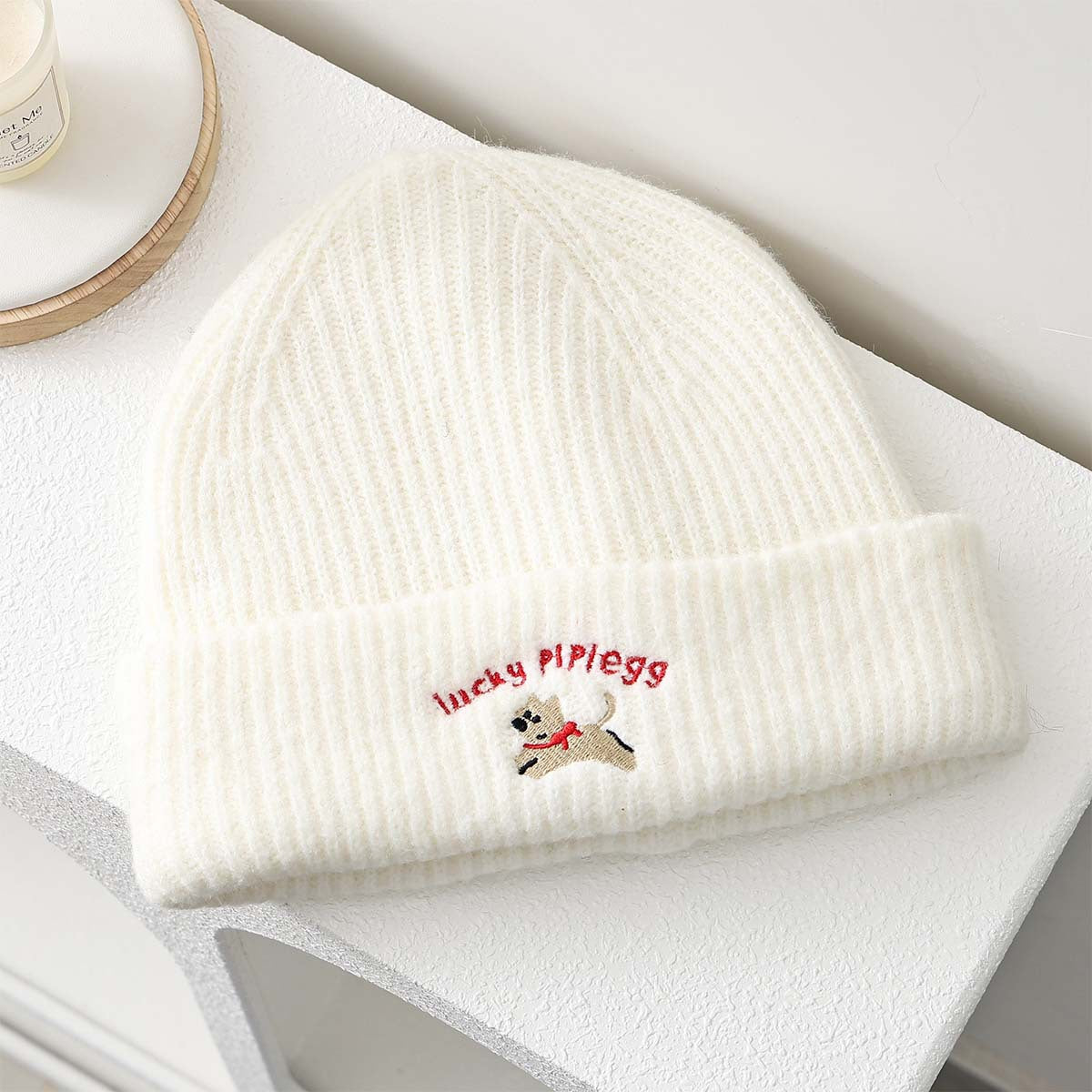 Cute Dog Embroidered Knit Hat Cozy Earflap Beanie