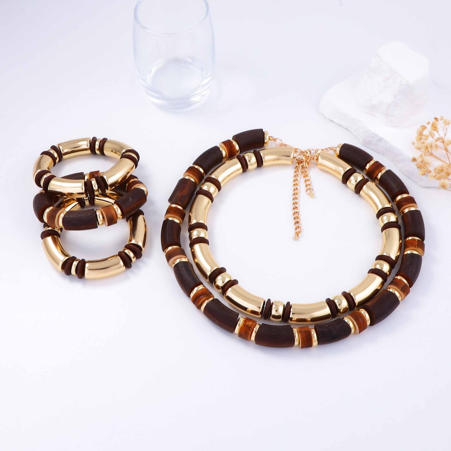 Necklace And Bracelet Set Wooden Layered Bamboo Boho