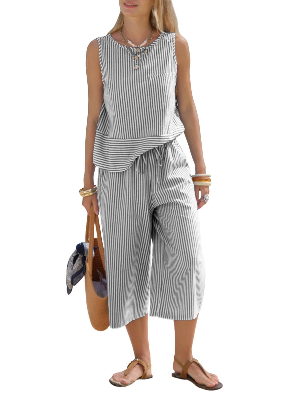 Striped Sleeveless Two-Piece Set for Women