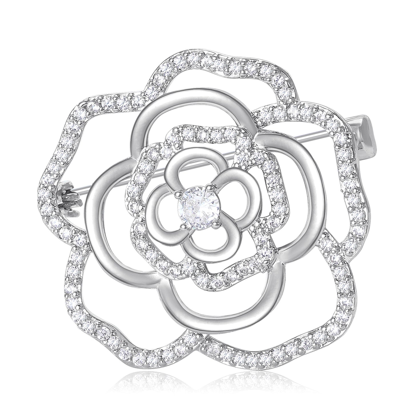 Luxury Camellia Flower Brooch with Zirconia Accents