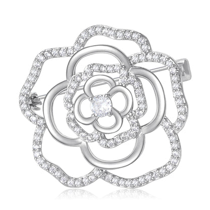 Luxury Camellia Flower Brooch with Zirconia Accents