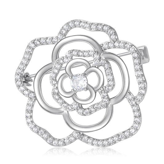 Luxury Camellia Flower Brooch with Zirconia Accents