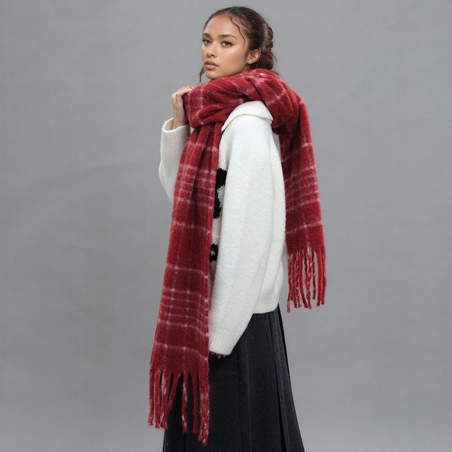 Plaid Wool Fringe Scarf Warm Winter Unisex