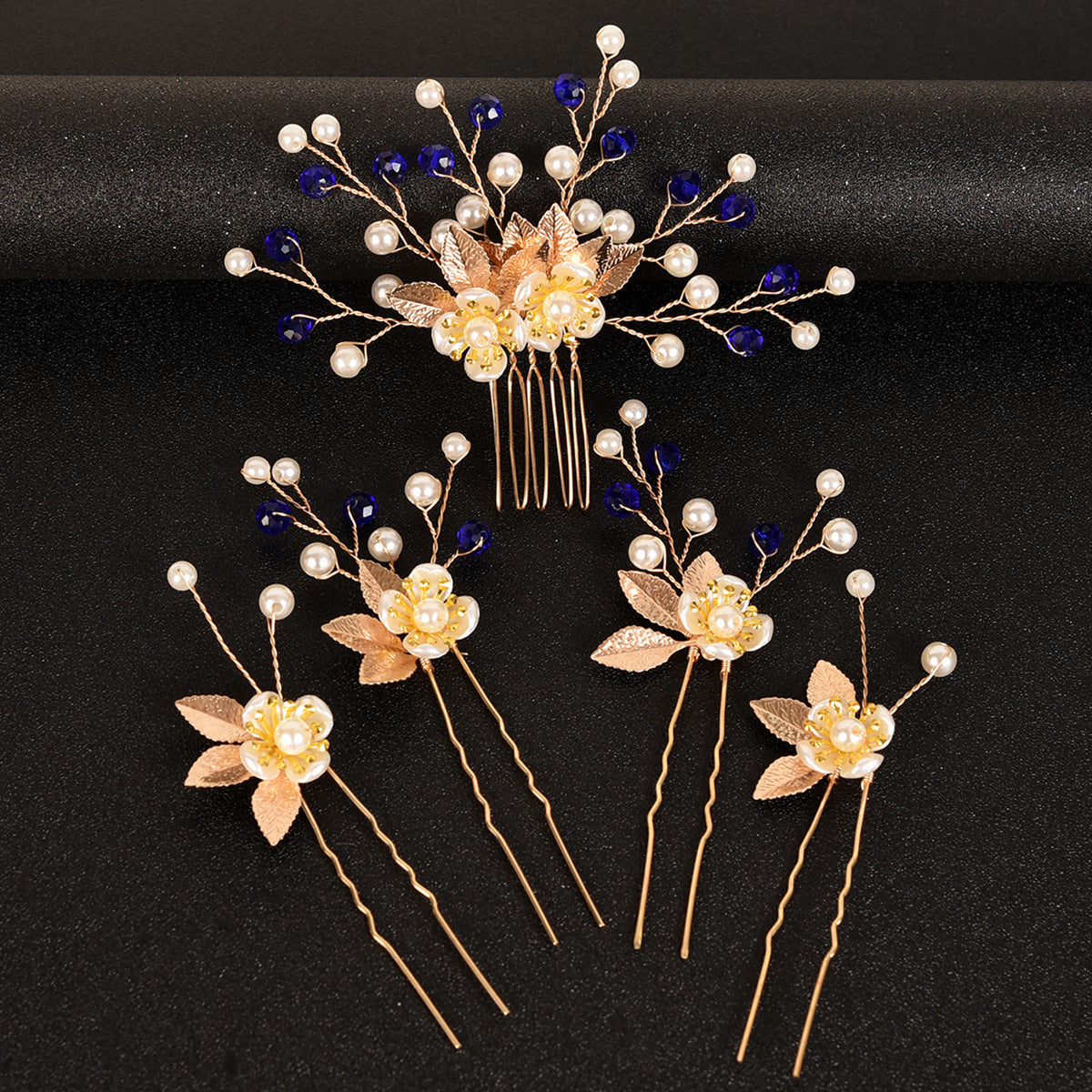 5 Piece Vintage Bridal Hair Clip Set with Pearls and Gold Leaves