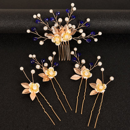 5 Piece Vintage Bridal Hair Clip Set with Pearls and Gold Leaves