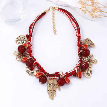 Necklace Bohemian Braided Red Cord Alloy Pendant Casual