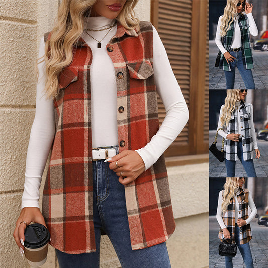 Trendy Checkered Sleeveless Vest Loose Fit Coat