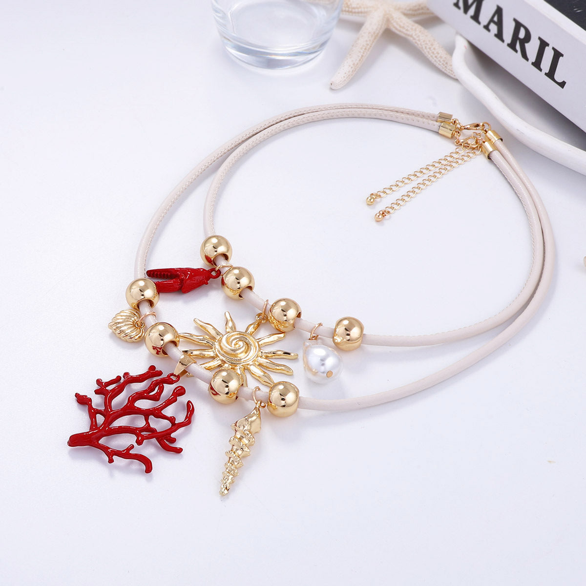 Layered Sun Coral Faux Pearl Leather Necklace