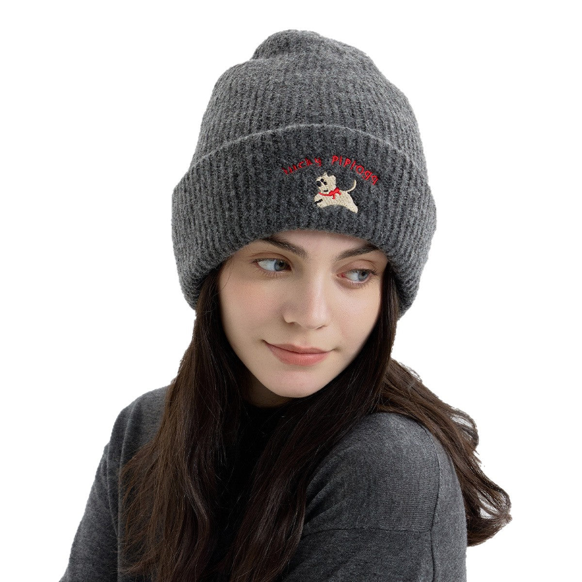 Cute Dog Embroidered Knit Hat Cozy Earflap Beanie