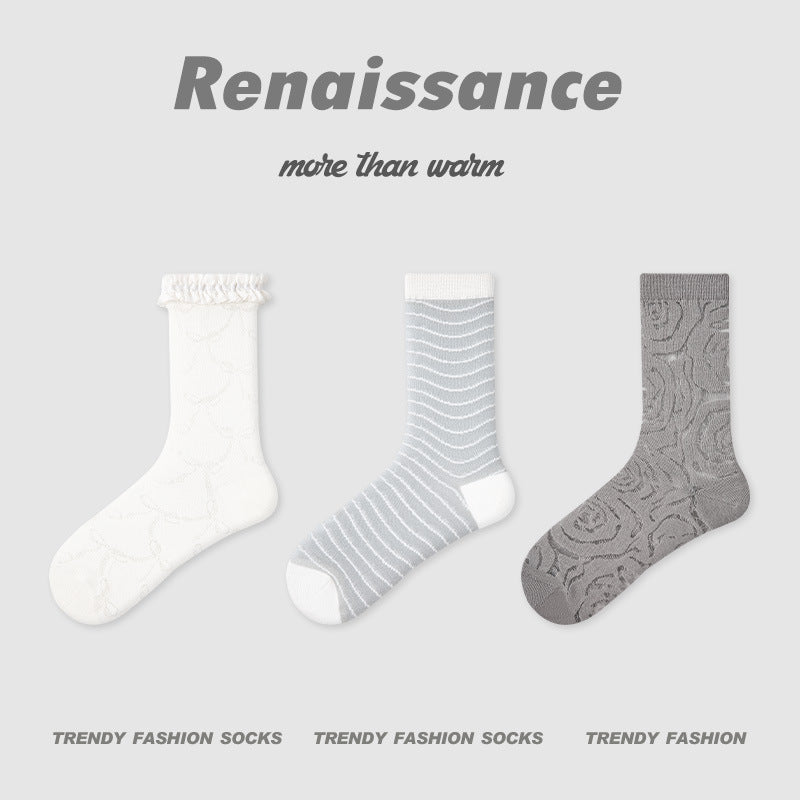 Mid Calf Striped Mesh Breathable Cotton Socks