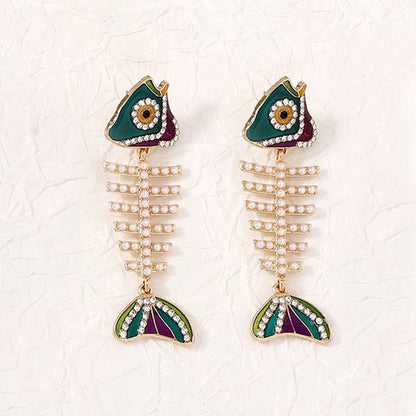 Earrings Fishbone Rhinestone Dangle Retro Chic