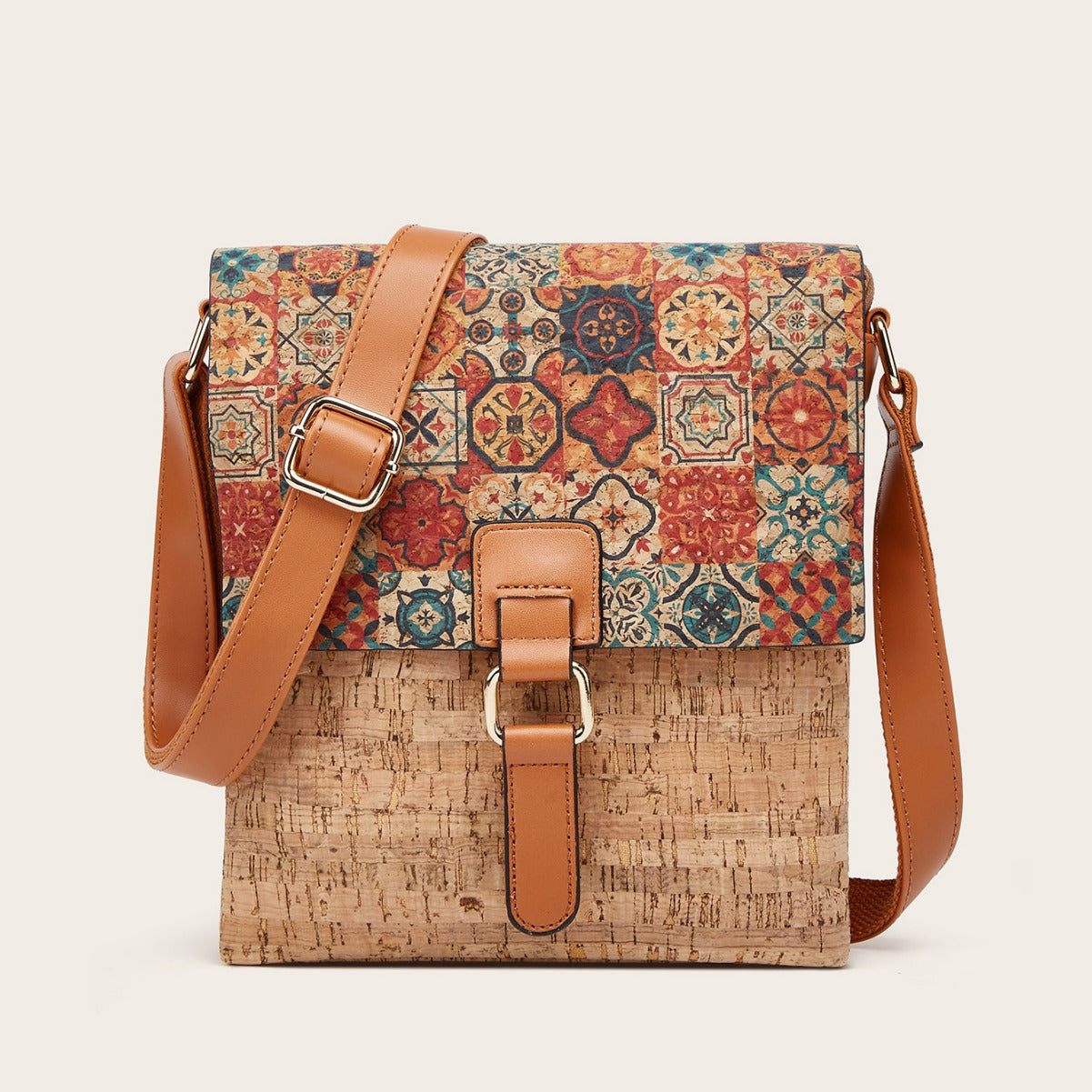Trendy Retro Print Cork Shoulder Bag