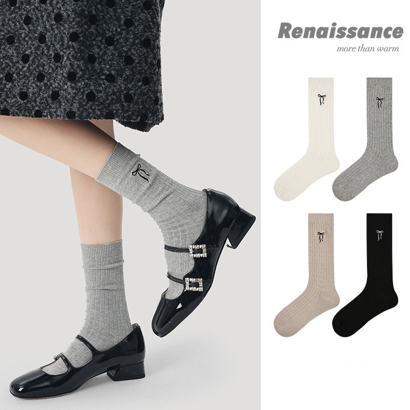Renaissance Embroidered Bow Cotton Mid Calf Socks