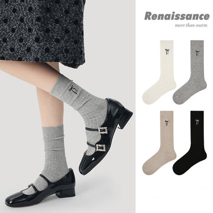 Renaissance Embroidered Bow Cotton Mid Calf Socks