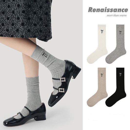 Renaissance Embroidered Bow Cotton Mid Calf Socks