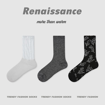 Vintage Floral Colorblock Mid Calf Combed Cotton Socks