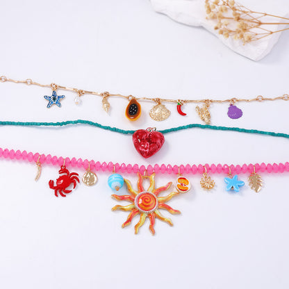 Layered Colorful Pendant Necklace Gold Plated Resort