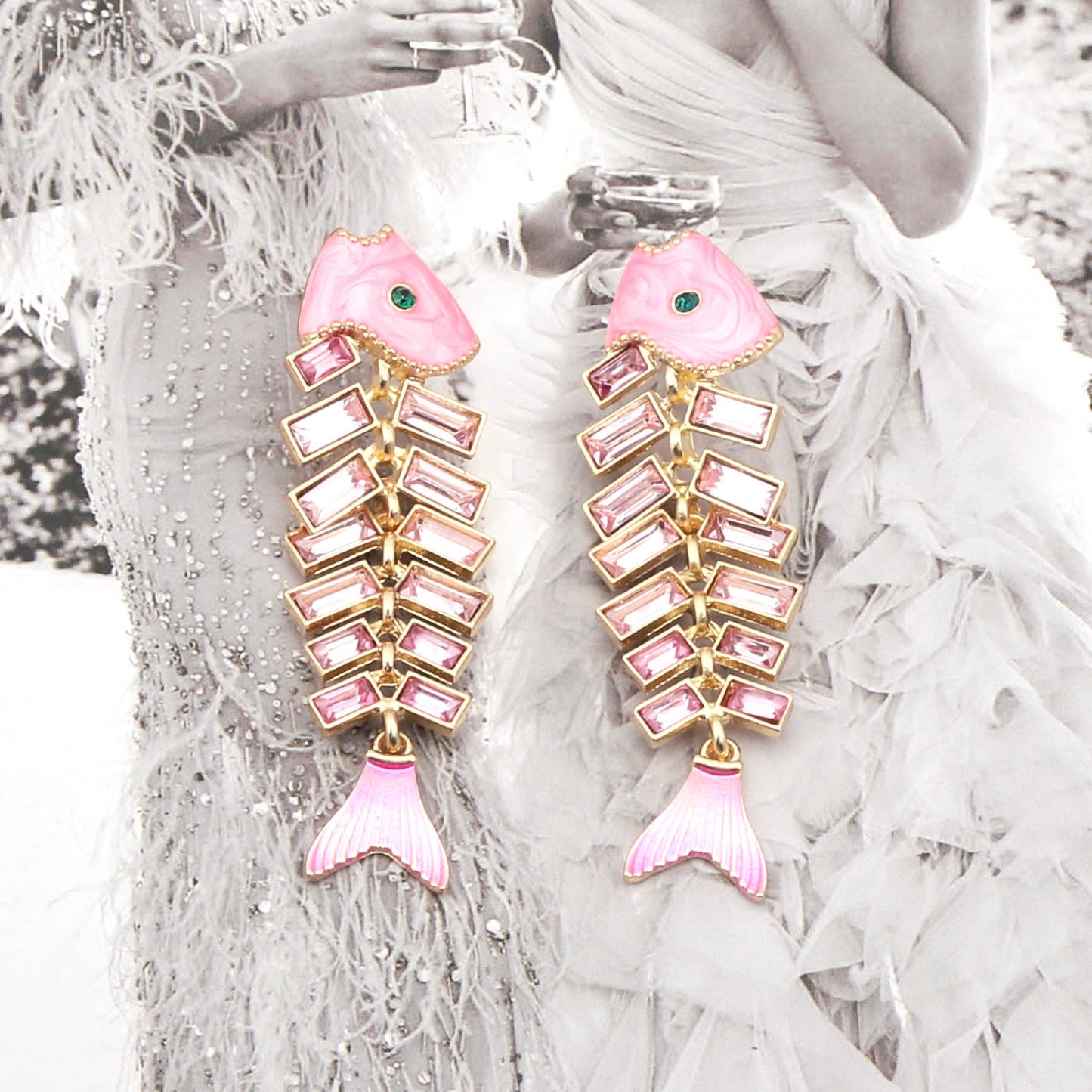 Vintage Fishbone Carp Rhinestone Drop Earrings