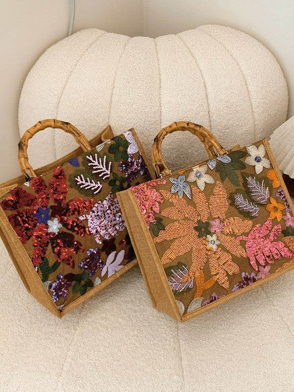 Embroidered Sequin Tote Bag with Floral Detail