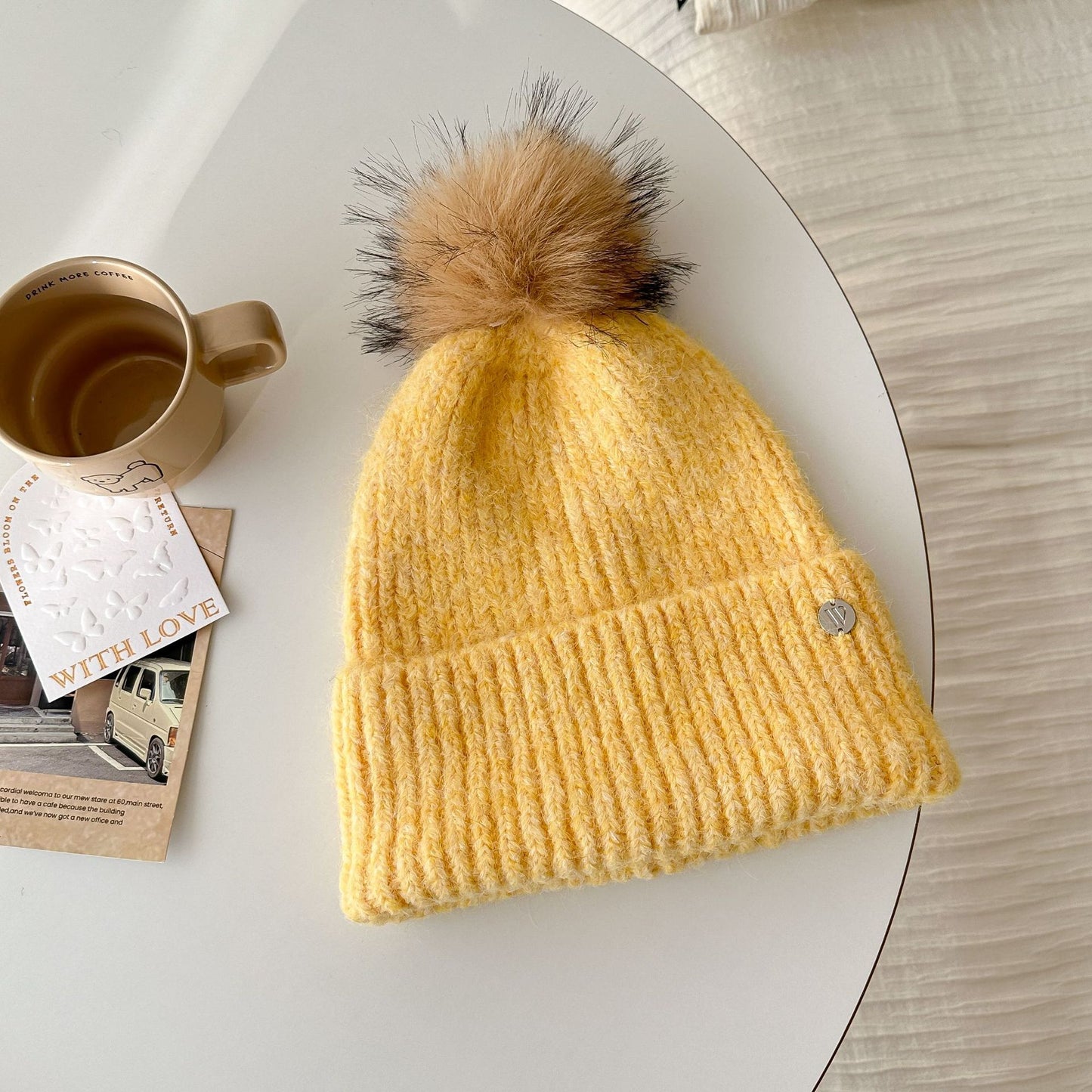 Trendy Solid Color Knit Beanie with Pom-Pom for Unisex