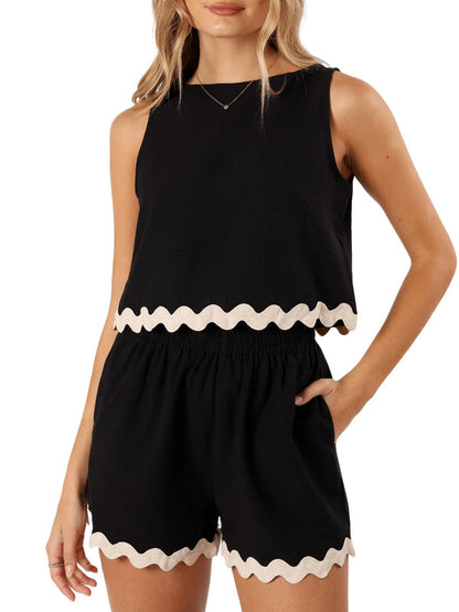 Summer Two-Piece Lace-Trimmed Tank Top and Shorts Set