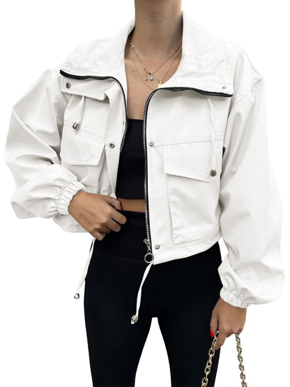 Women’s Solid Color Short Jacket with Zipper