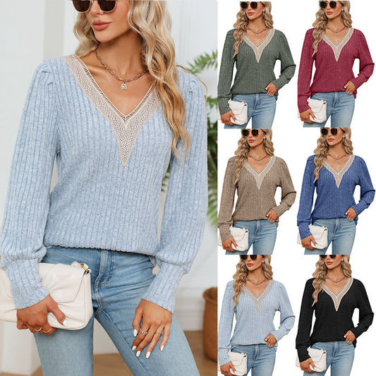 V-Neck Lace Trim Loose Fit Corduroy T-Shirt