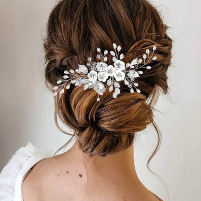 Handmade White Pearl Flower Hair Comb with Gems